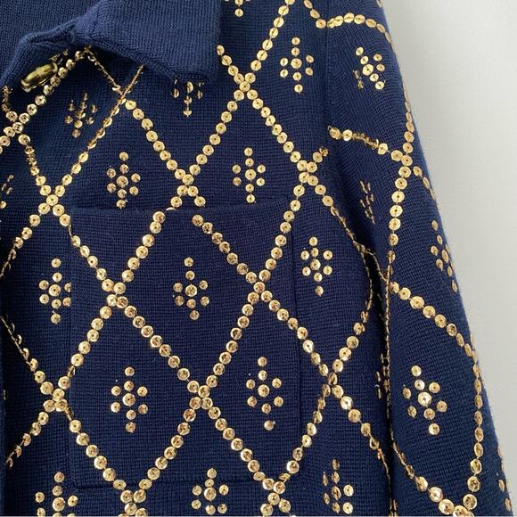 Manoush French Designer Navy Blue Gold Sequin Knit Sweater Jacket Blazer large - Picture 5 of 6